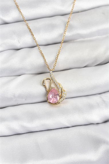 316L Çelik Zincir Gold Renk Pembe Kuğu Model Zirkon Taşlı Kadın Kolye