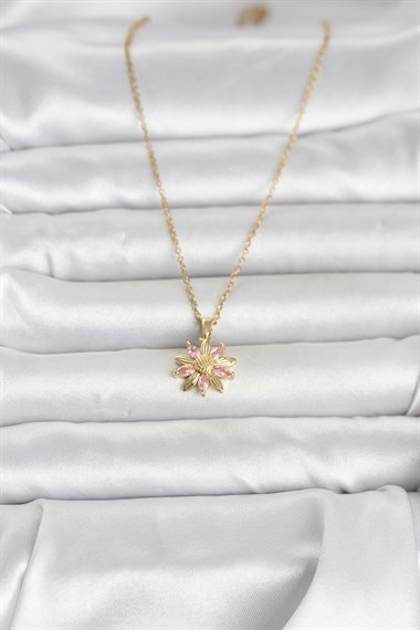 316L Çelik Zincir Gold Renk Pembe Papatya Model Kadın Kolye