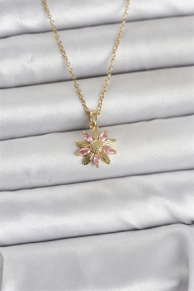316L Çelik Zincir Gold Renk Pembe Papatya Model Kadın Kolye