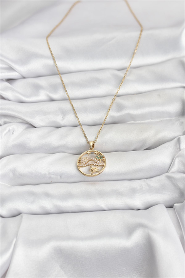 316L Çelik Zincir Gold Renk Şans Kolyesi Model Zirkon Taşlı Kadın Kolye