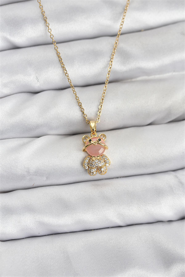 316L Çelik Zincir Gold Renk Teddy Bear Model Zirkon Taşlı Kadın Kolye