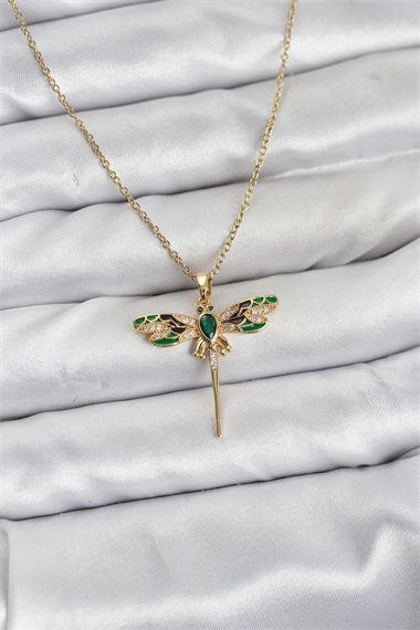 316L Çelik Zincir Gold Renk Yusufçuk Model Zirkon Taşlı Kadın Kolye