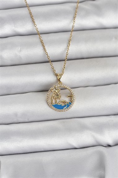 316L Çelik Zincir Gold Renk Zirkon Taşlı Deniz Temalı Kadın Kolye