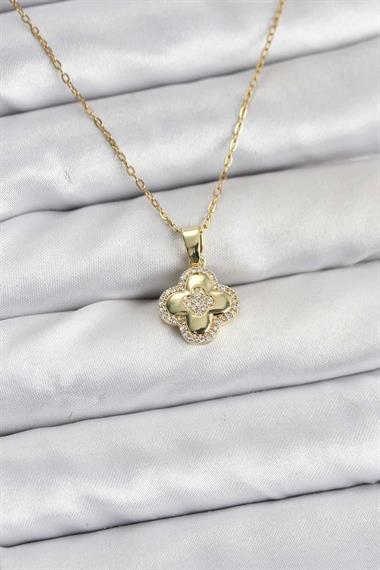 316L Çelik Zincir Gold Renk Zirkon Taşlı Yonca Model Kadın Kolye