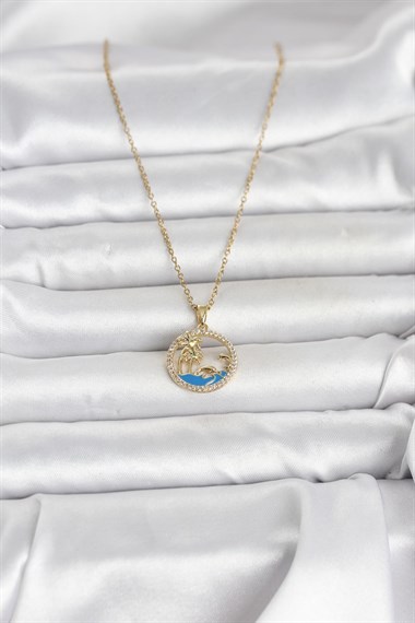 316L Çelik Zincir Gold Renk Zirkon Taşlı Deniz Temalı Kadın Kolye