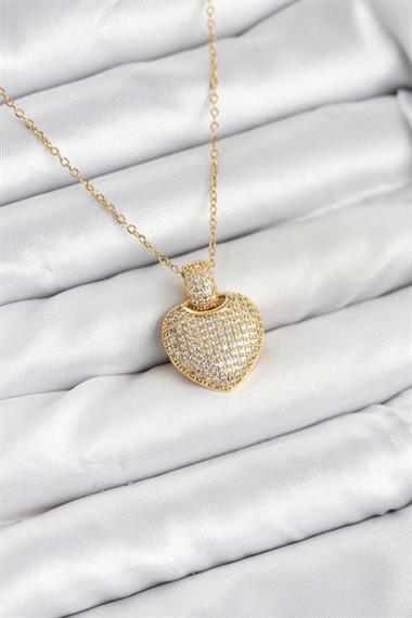 316L Çelik Zincir Gold Renk Zirkon Taşlı Kalpli Kadın Kolye