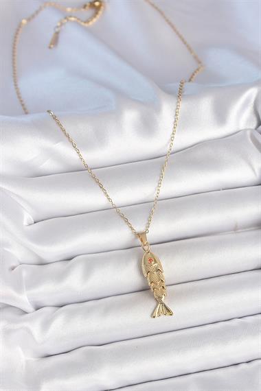 316L Çelik Zincir Gold Renk Zirkon Taşlı Balık Figürlü Kolye
