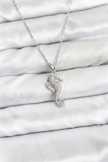 316L Çelik Zincir Gümüş Renk Deniz Atı Model Zirkon Taşlı Kadın Kolye
