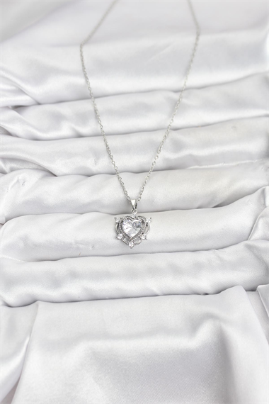 316L Çelik Zincir Gümüş Renk Kalp Model Zirkon Taşlı Kadın Kolye