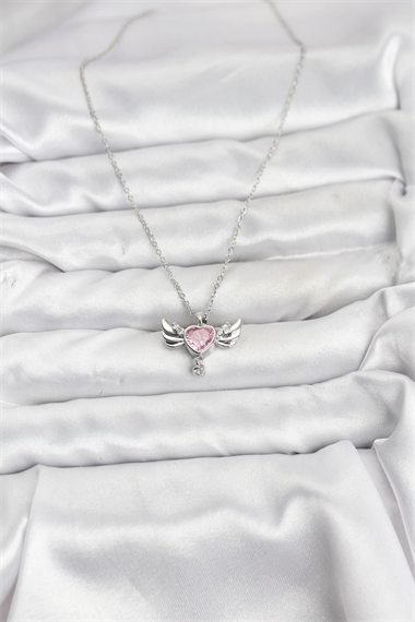 316L Çelik Zincir Gümüş Renk Kanatlı Kalp Model Zirkon Taşlı Kadın Kolye