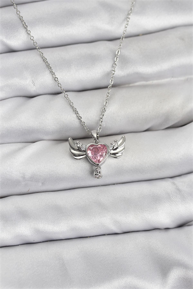 316L Çelik Zincir Gümüş Renk Kanatlı Kalp Model Zirkon Taşlı Kadın Kolye