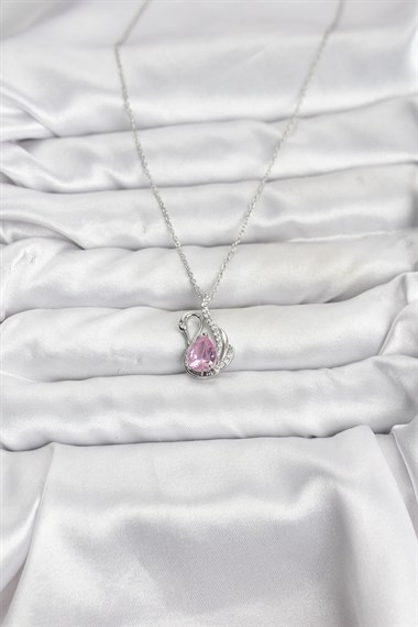 316L Çelik Zincir Gümüş Renk Pembe Kuğu Model Zirkon Taşlı Kadın Kolye