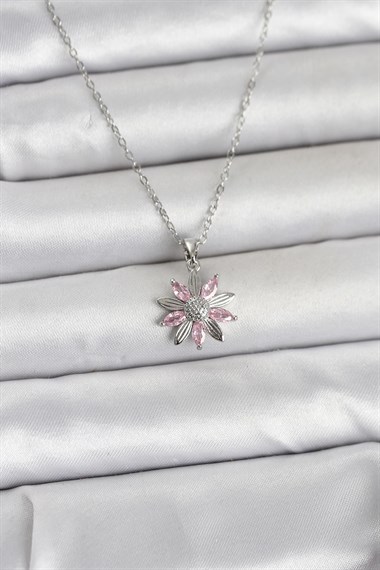 316L Çelik Zincir Gümüş Renk Pembe Papatya Model Kadın Kolye