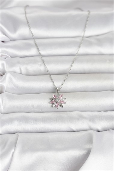 316L Çelik Zincir Gümüş Renk Pembe Papatya Model Kadın Kolye