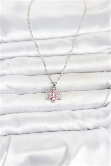 316L Çelik Zincir Gümüş Renk Pembe Zirkon Taşlı Lotus Model Kadın Kolye