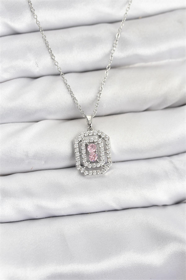 316L Çelik Zincir Gümüş Renk Plaka Model Zirkon Taşlı Kadın Kolye