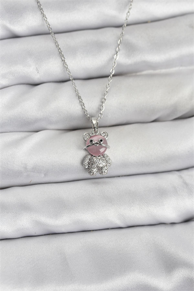 316L Çelik Zincir Gümüş Renk Teddy Bear Model Zirkon Taşlı Kadın Kolye