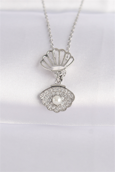 316L Çelik Zincir Gümüş Renk Zirkon Taşlı İnci Detay İstiridye Kolye