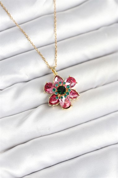 316L Çelik Zincirli Pembe Çiçek Model Kadın Kolye