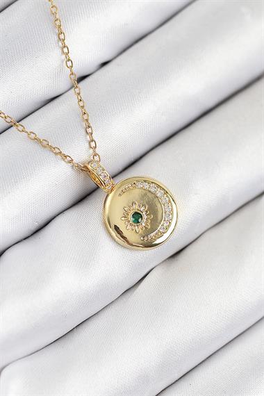 316L Çelik Zirkon Taşlı Ay Ve Güneş Model Gold Renk Kadın Kolye
