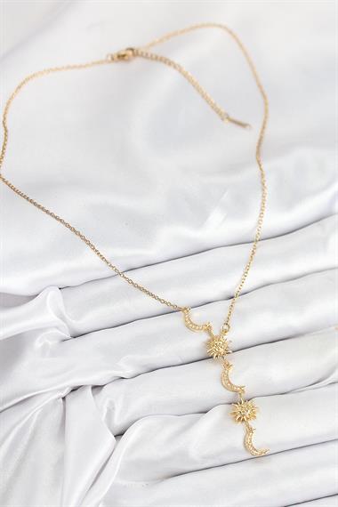 316L Çelik Zirkon Taşlı Güneş Ve Ay Model Gold Renk Kadın Kolye