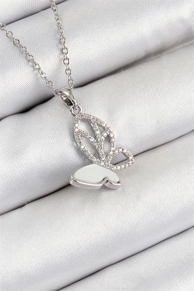 316L Çelik Zirkon Taşlı Kelebek Model Gümüş Renk Kadın Kolye