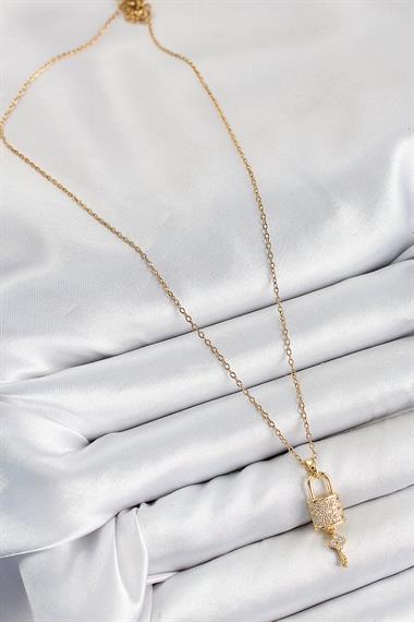 316L Çelik Zirkon Taşlı Kilit Ve Sallantılı Anahtar Model Gold Renk Kadın Kolye