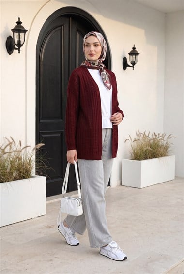Ajurlu İnce Triko Hırka -Bordo