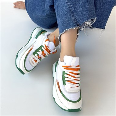 Aleh Cilt Yeşil Detaylı Çift Bağcıklı Spor Ayakkabı -Beyaz