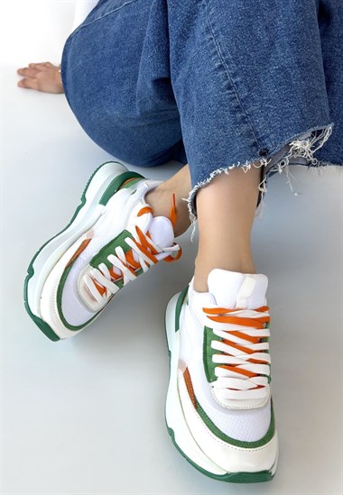 Aleh Cilt Yeşil Detaylı Çift Bağcıklı Spor Ayakkabı -Beyaz