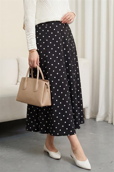 Arkası Fermuarlı Puantiyeli Astarlı Etek -Siyah