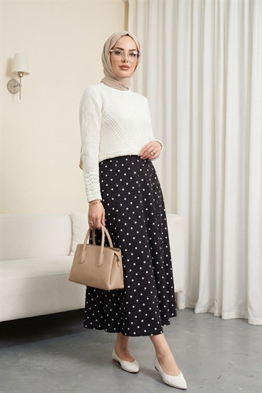 Arkası Fermuarlı Puantiyeli Astarlı Etek -Siyah