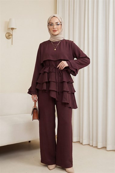 Asimetrik Kat Detaylı Bağcıklı Pantolonu Astarlı Cupra Takım  -Bordo