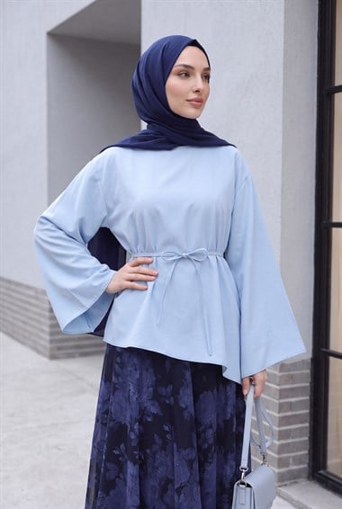 Asimetrik Kesim Beli Bağcıklı Oversize Modal Tunik  -Bebe Mavi