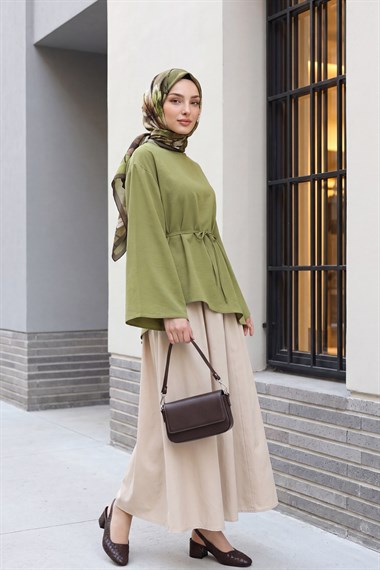 Asimetrik Kesim Beli Bağcıklı Oversize Modal Tunik  -Çağla Yeşili