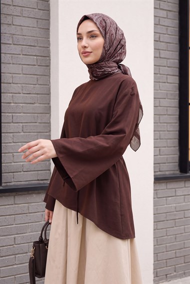 Asimetrik Kesim Beli Bağcıklı Oversize Modal Tunik  -Koyu Kahverengi