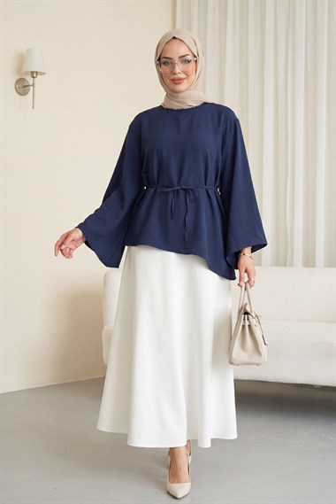 Asimetrik Kesim Beli Bağcıklı Oversize Modal Tunik -Lacivert
