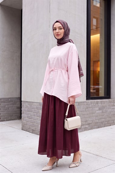 Asimetrik Kesim Beli Bağcıklı Oversize Modal Tunik  -Pudra