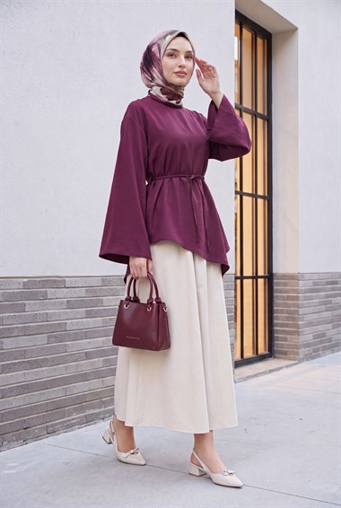 Asimetrik Kesim Beli Bağcıklı Oversize Modal Tunik  -Mürdüm