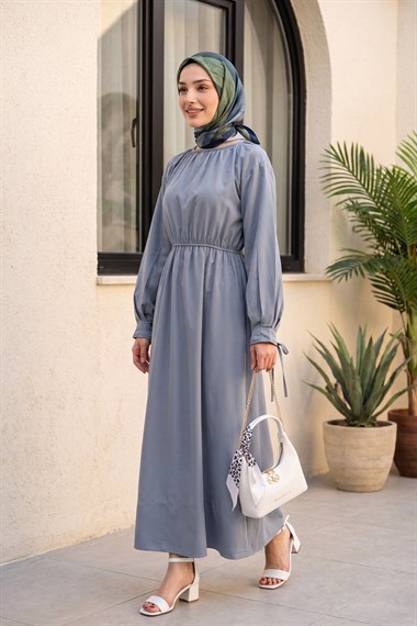 Bağlama Detaylı Beli Lastikli Poplin Elbise -Mavi