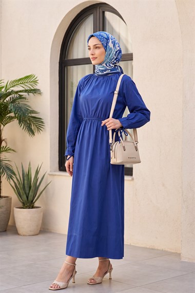 Bağlama Detaylı Beli Lastikli Poplin Elbise -Saks