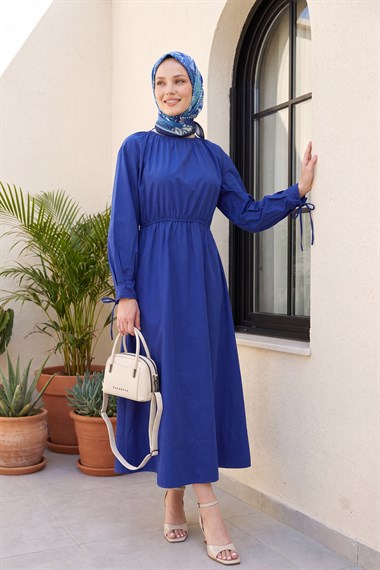 Bağlama Detaylı Beli Lastikli Poplin Elbise -Saks