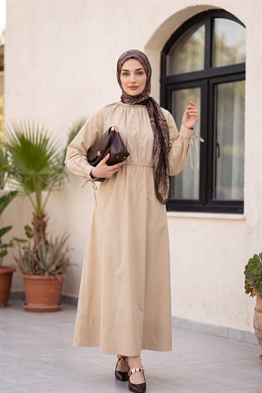 Bağlama Detaylı Beli Lastikli Poplin Elbise -Vizon