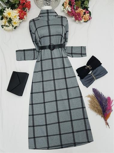 Balıkçı Yaka Tokalı Kemerli Uzun Ekose Elbise -Gri