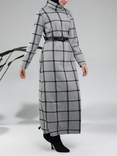 Balıkçı Yaka Tokalı Kemerli Uzun Ekose Elbise -Gri