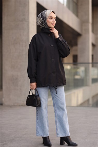 Balon Kol Çift Cepli Astarlı Düğmeli Trençkot -Siyah