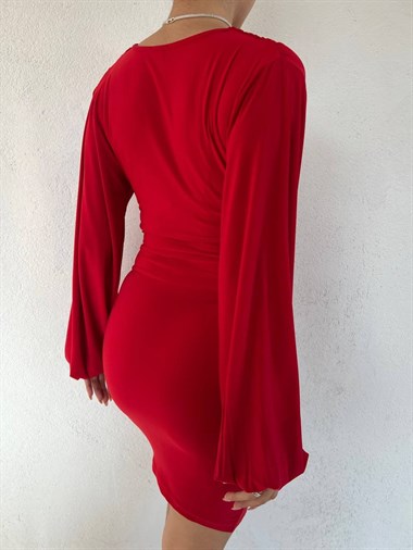 Balon Kol V Yakalı Yırtmaçlı Sendy Elbise -Kırmızı