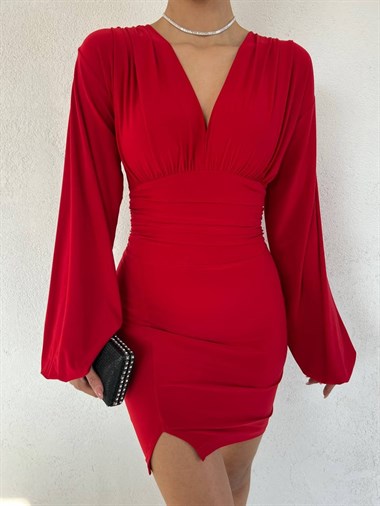 Balon Kol V Yakalı Yırtmaçlı Sendy Elbise -Kırmızı
