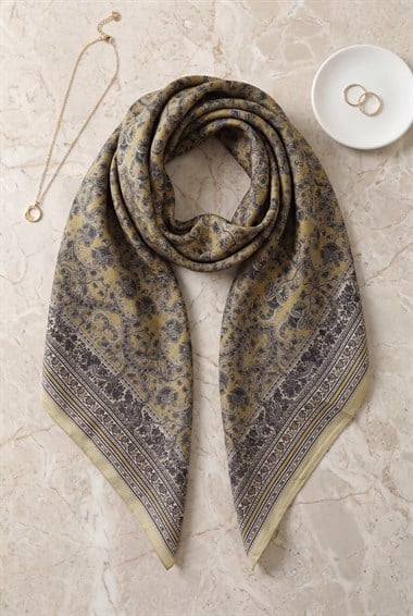 Barok Desen Coton Eşarp -Hardal
