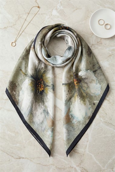 Baskı Efektli Rayon Eşarp -Haki